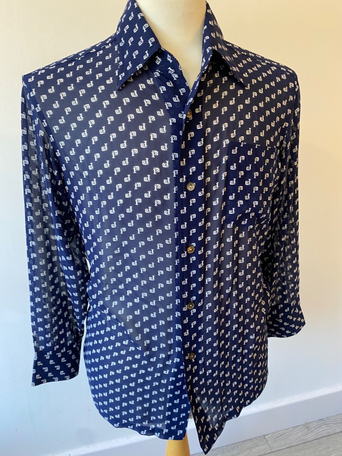 HUNTER mens 1970's HISHIYA NAVY SOFT SEMI-SHEER RETRO LONG SLEEVE SHIRT M 40" gallery