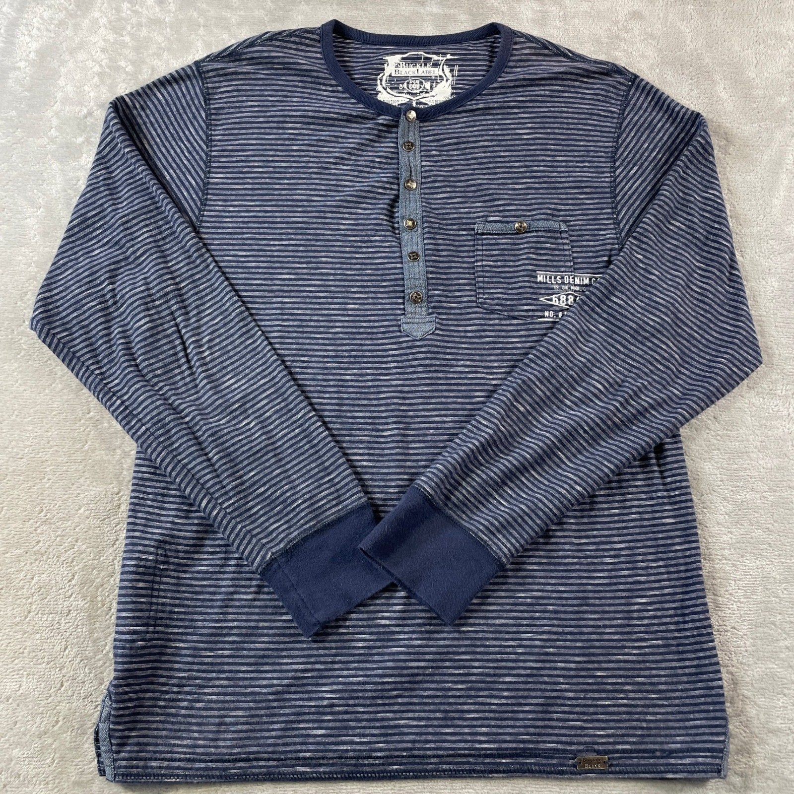 Buckle Black Henley Shirt 48 Mens Large Blue Striped Long Sleeve Casual Preppy gallery