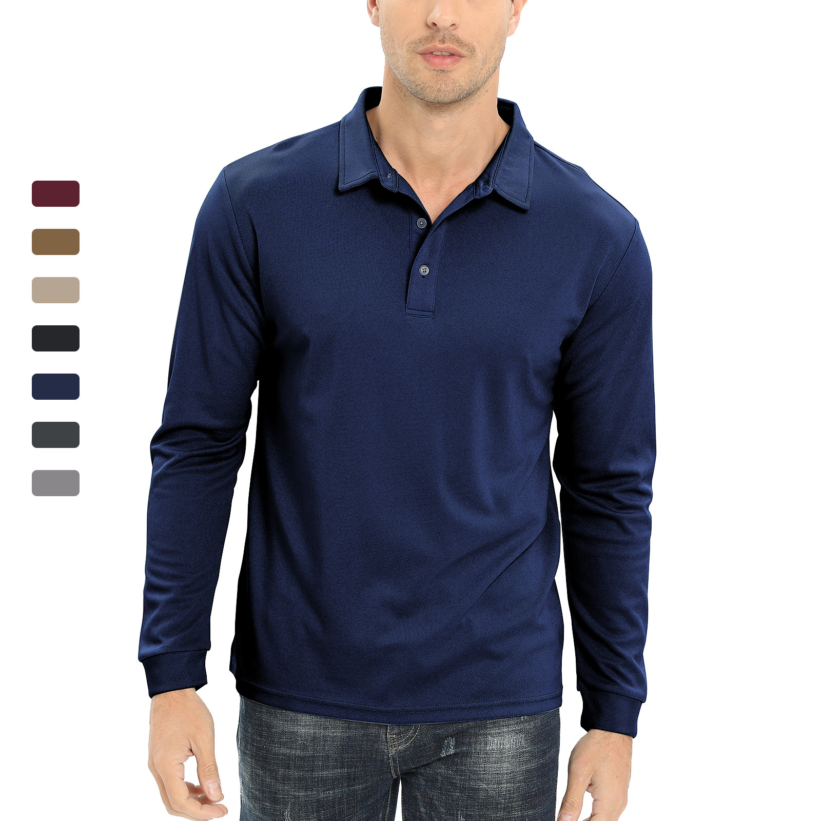 Men's Polo Shirt Long Sleeve Outdoor Golf T Shirt 3-Button Quick Dry Lightweight gallery