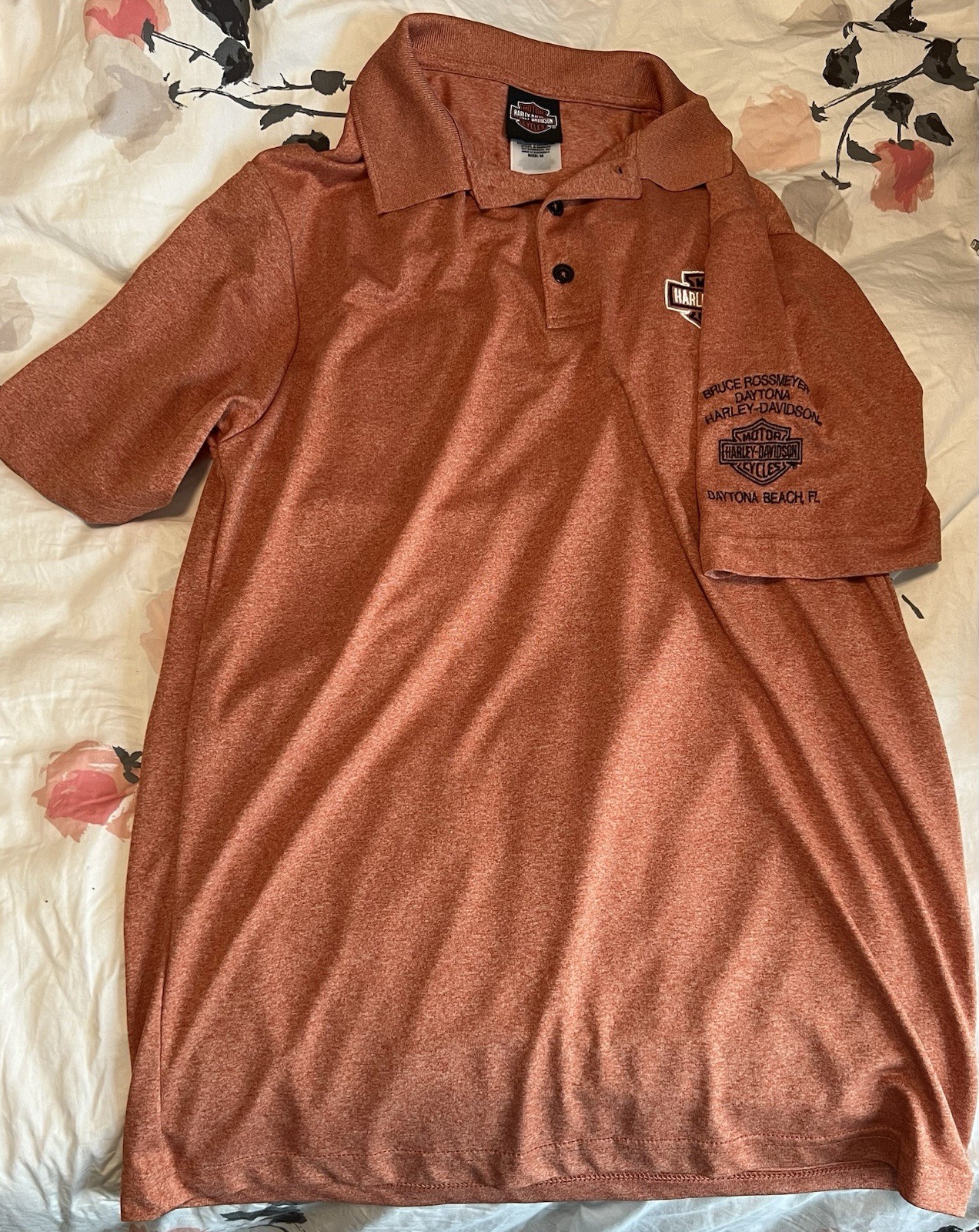 Harley Davidson Orange Embroidered Polo Daytona Beach Florida Motorcycles Mens M gallery
