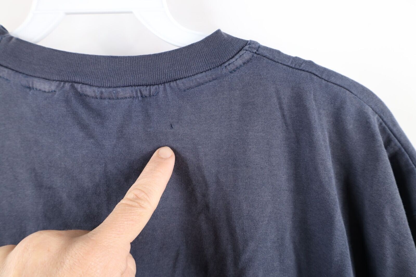 Vintage 90s Streetwear Mens Large Tall Thrashed Blank Pocket T-Shirt Navy Blue gallery