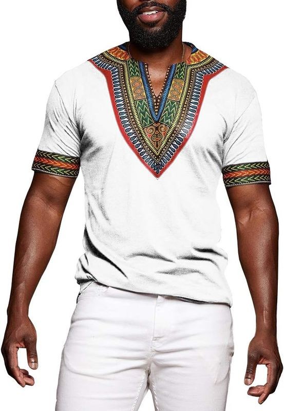 Mens African Dashiki T Shirt Tribal Floral Print V Neck Slim Fit Shirts Top