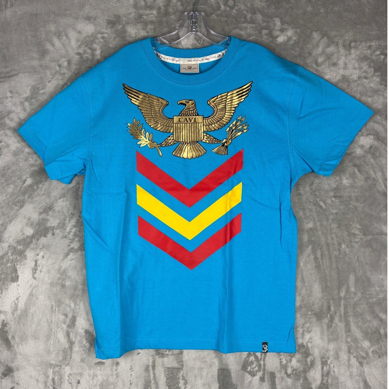 Cavi Mens XL Blue Graphic T-Shirt Gold Eagle Crest Chevron Short Sleeve Cotton gallery