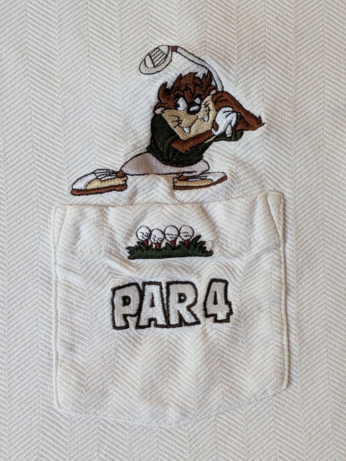 Vtg Looney Tunes Taz Golf Pocket Boxy T-Shirt Mens Large White Herringbone 90s gallery