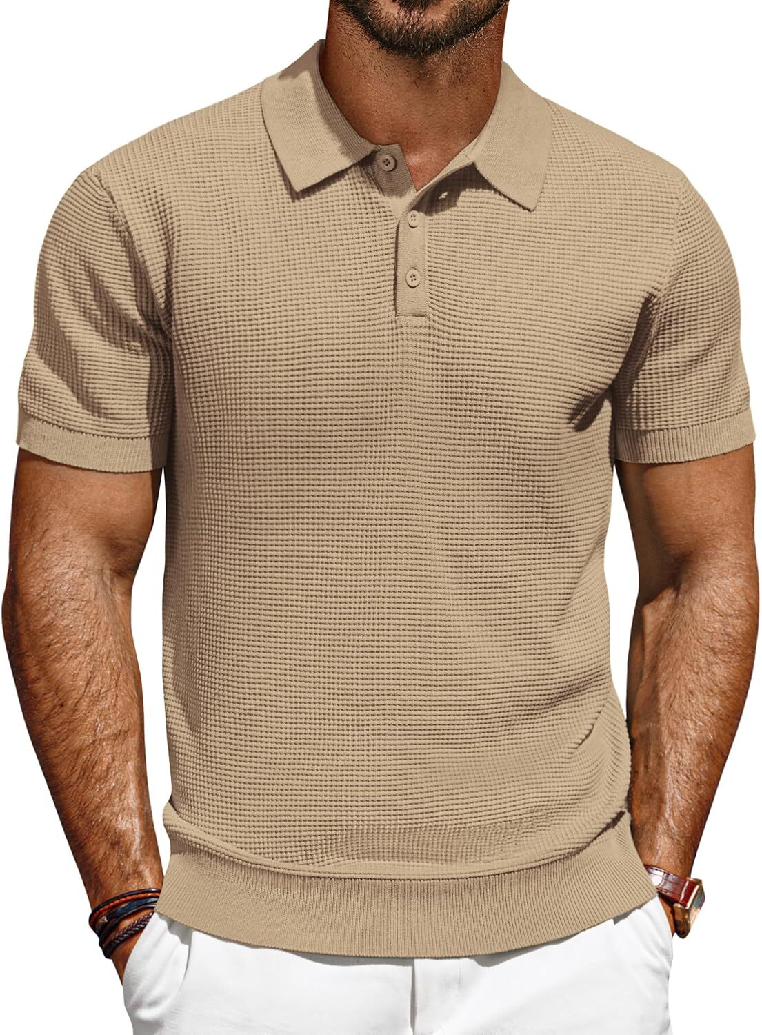 Men's Short Sleeve Polo Shirt Casual Golf Wear Lightweight Waffle Knit Fabric gallery