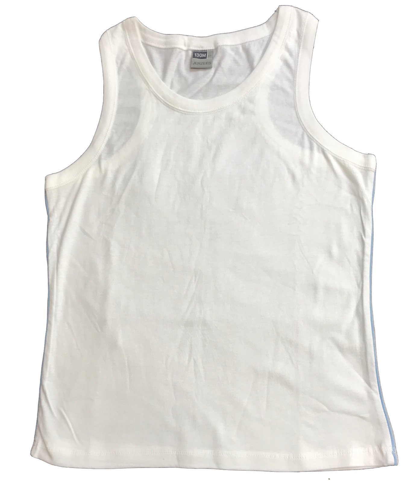 Jerzees Plain WHITE Cotton Sports Muscle Back Vest Tank Top with GREY/BLUE trim gallery