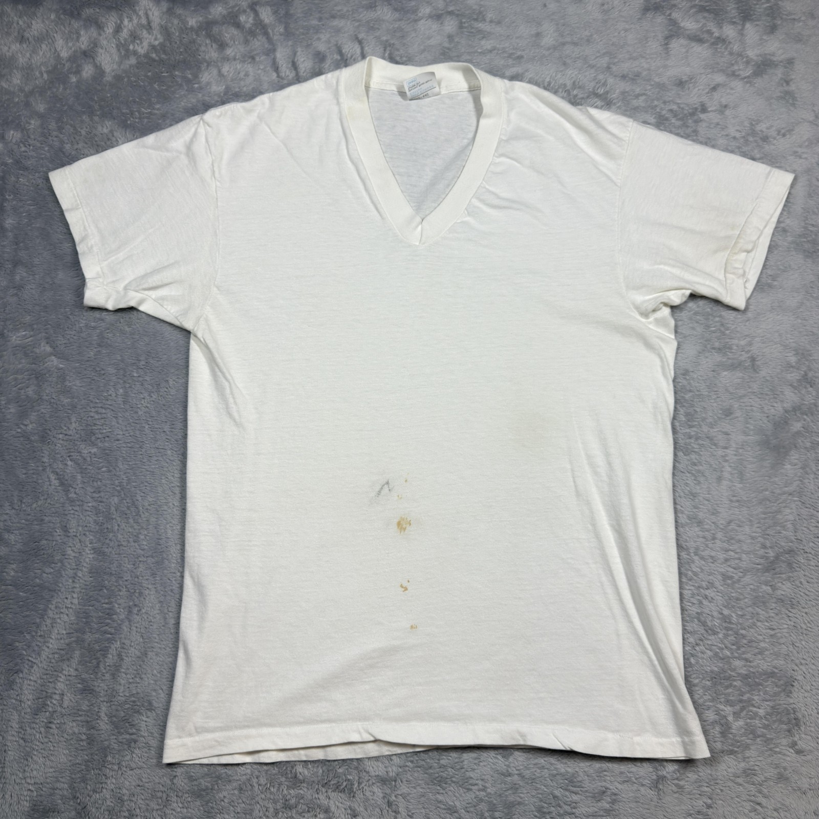 Vintage Sears Shirt Mens Large White V Neck Single Stitch Thin Stained 80s gallery
