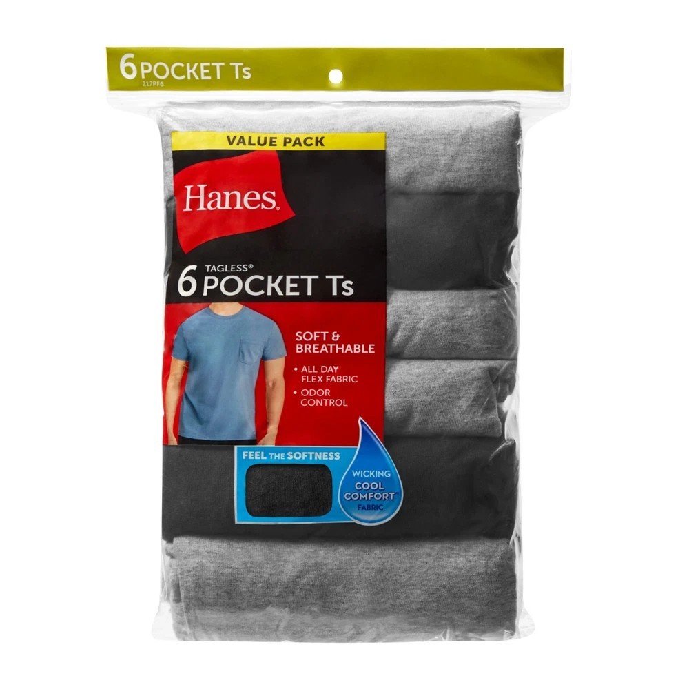 Hanes 6-Pack Pocket Tee Men's T-Shirt Soft and Breathable Black/Grey gallery