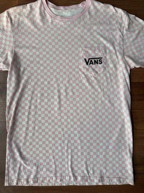 Vans Pink White Short Sleeve Crew Neck T-Shirt Size MED Checkered Check Sleeves gallery