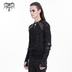 Devil Fashion Men Black Gothic Tops Mesh Splicing Long Sleeve Thumbhole T-Shirt