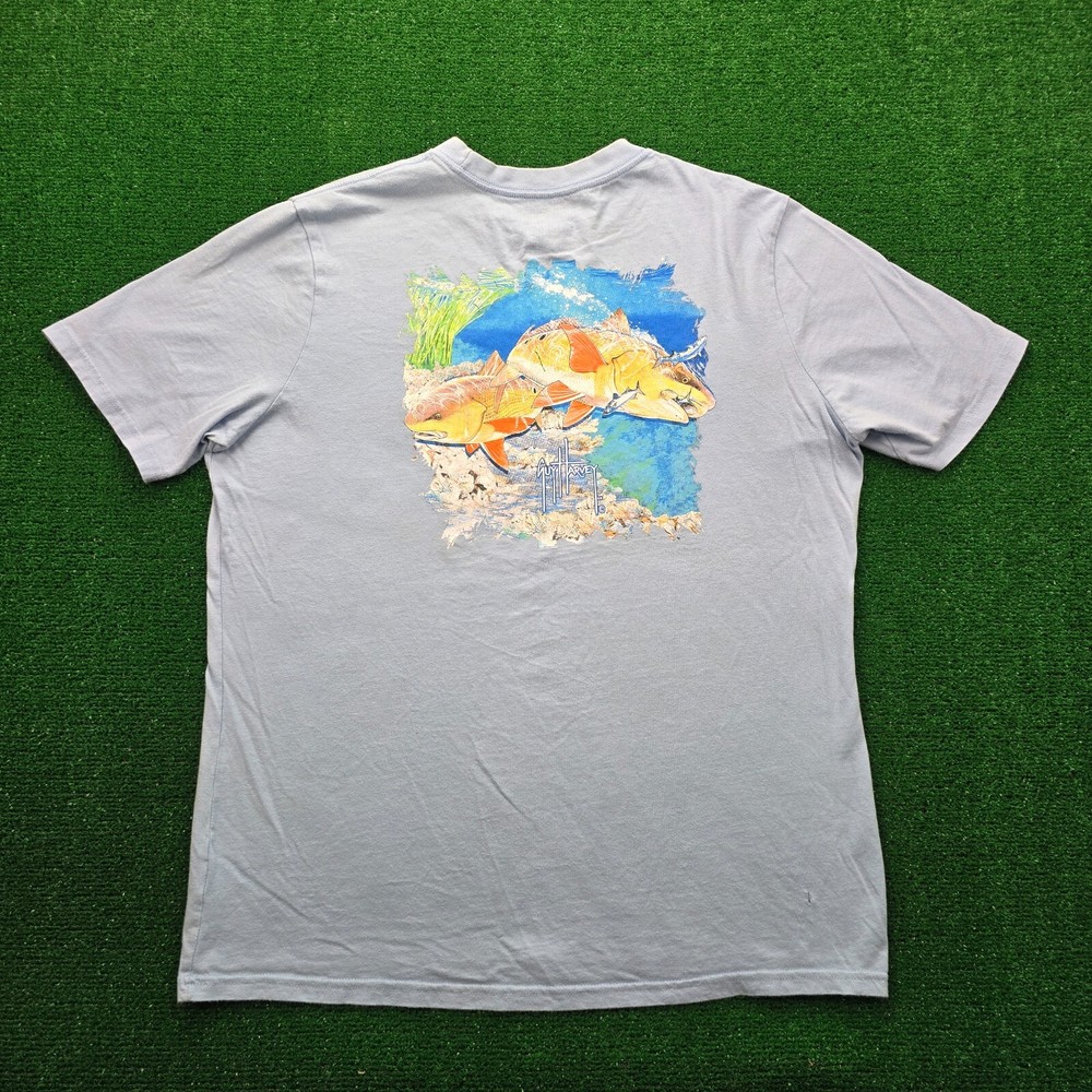Guy Harvey Tshirt Mens Large Blue Short Sleeve Reef Fish Ocean Outdoors Fishing