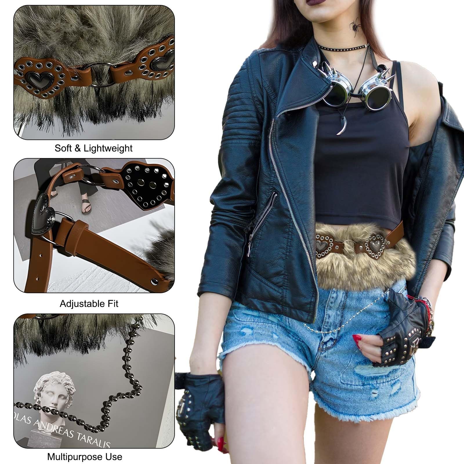 Faux Fur Belts with Heart, Western Punk Grunge Style, Adjustable PU Leather W... gallery