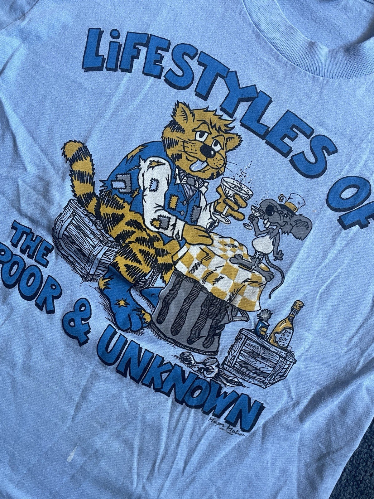 Vintage Lifestyles Of The Poor & Unknown Shirt Mens Medium Blue Cat 80s Funny gallery