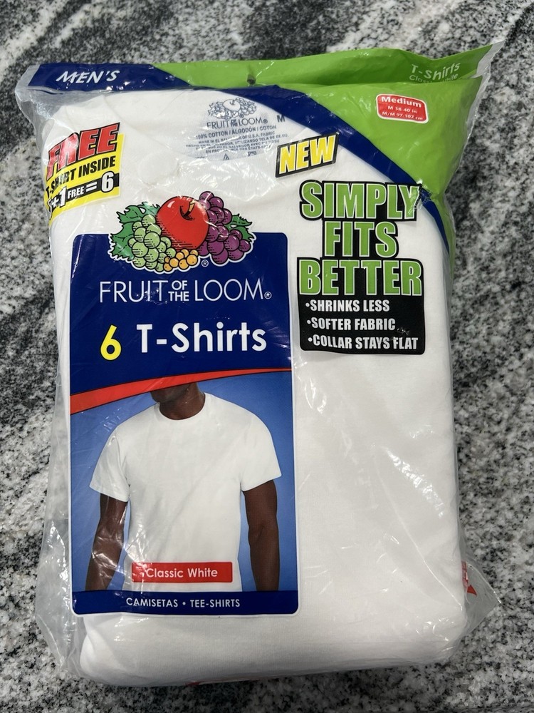 6 White Medium 38-40 Inch Crew Neck T-Shirts Fruit Of The Loom New