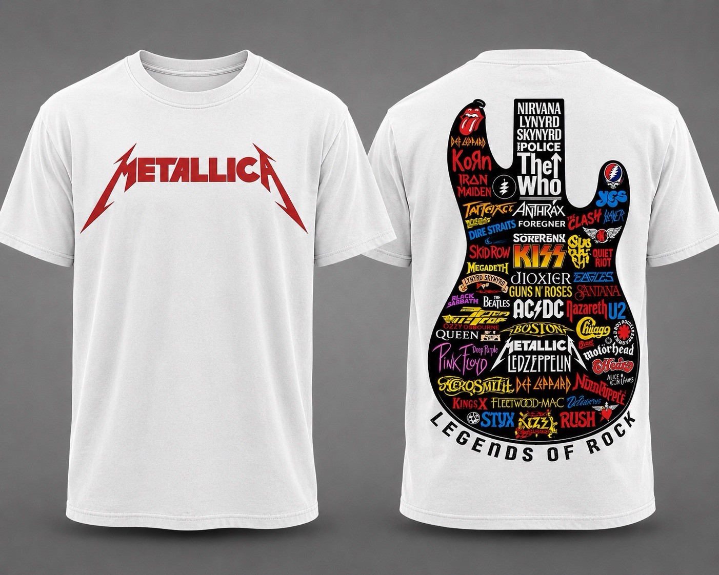 Legends of Rock Guitar T-Shirt,Metal Rock Bands,Front Back Tee, Music Lovers Tee