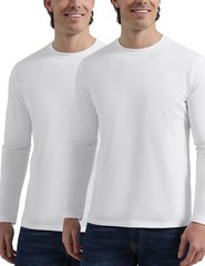 Men’s 2 Pack Long Sleeve Soft Casual Cotton Crew Neck Shirts (White, Small)