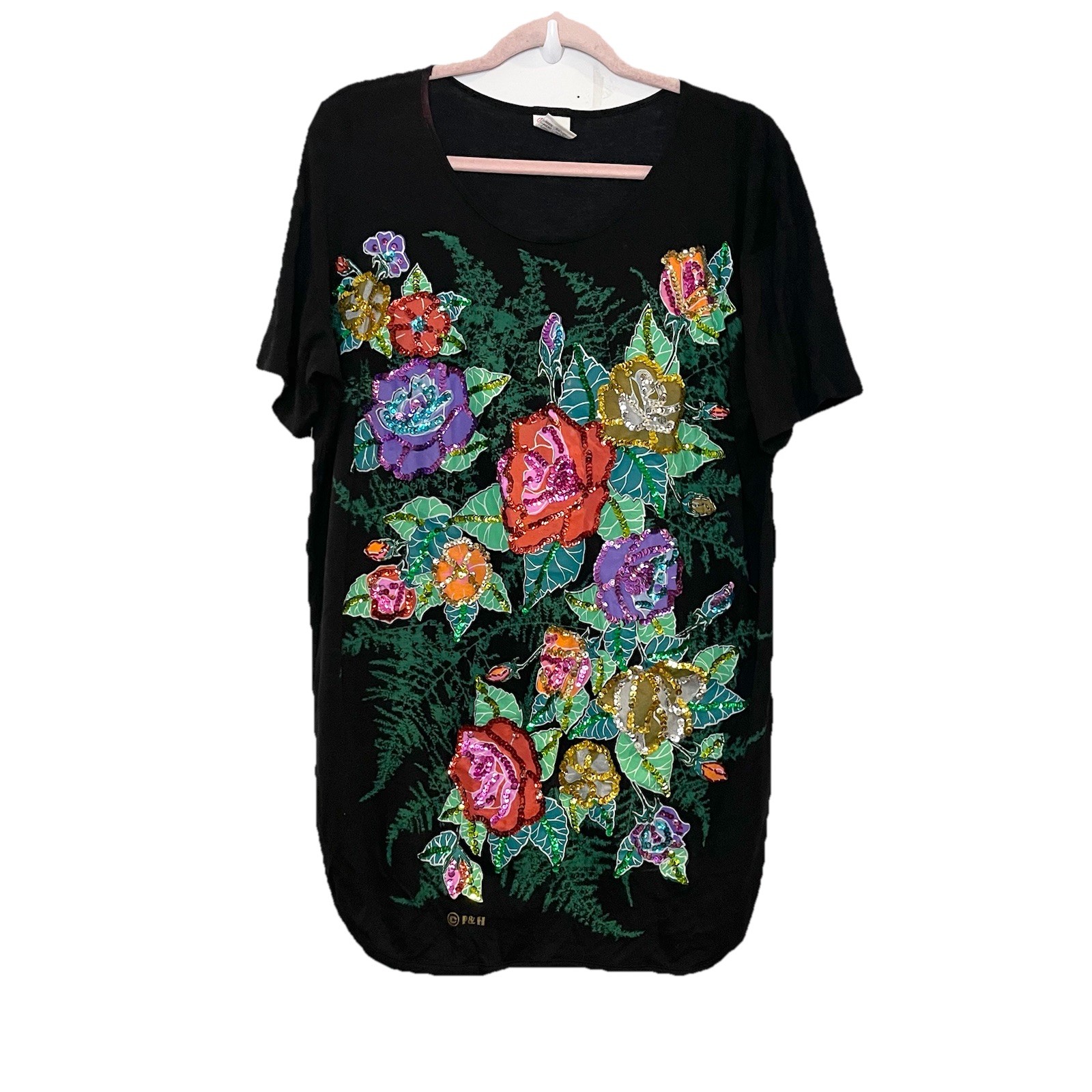 90s 80 Vintage Floral Graphic T Shirt Single Stitch Sequin Hand Made In Bali M gallery