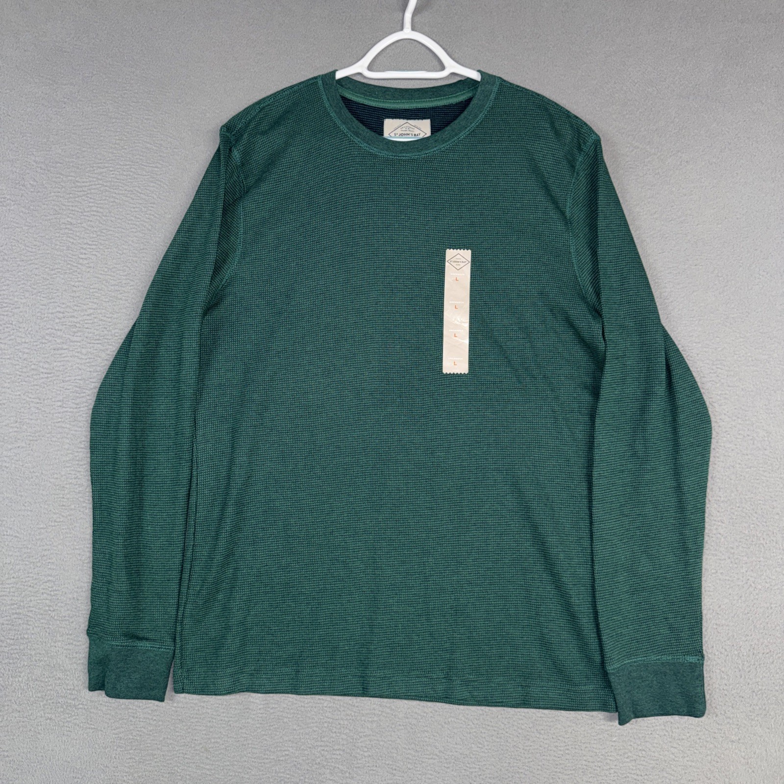 St Johns Bay Shirt Mens Large Green Super Soft Long Sleeve Waffle Knit Crew NWT gallery