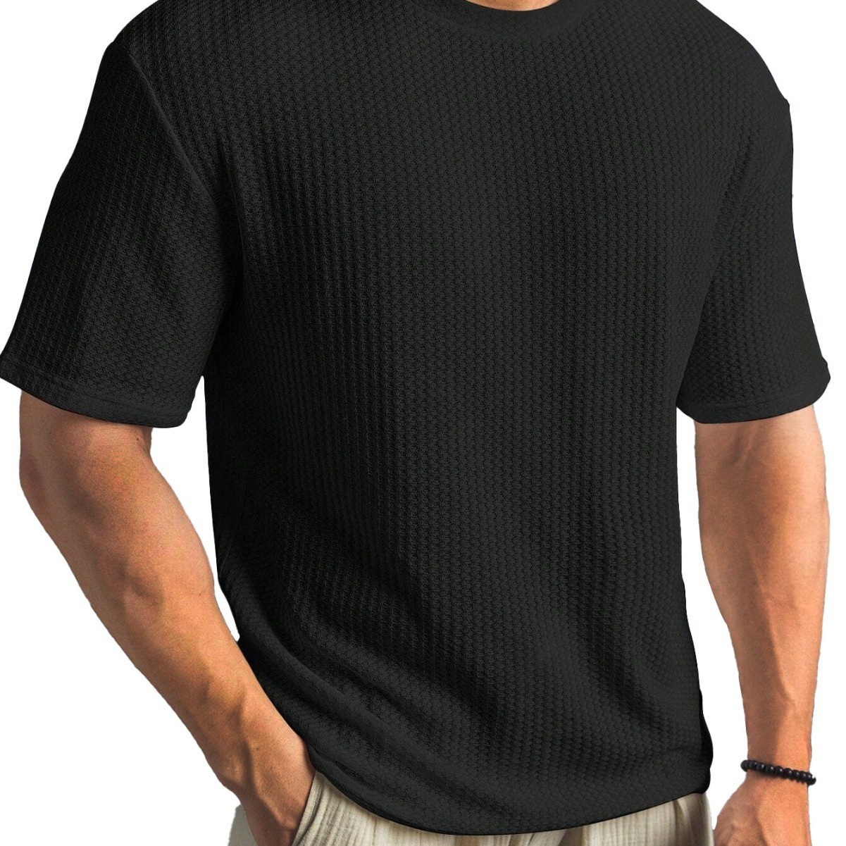 Mens Summer T Shirt Casual Ribbed Crew Neck Short Sleeve Solid Color Tee Top gallery