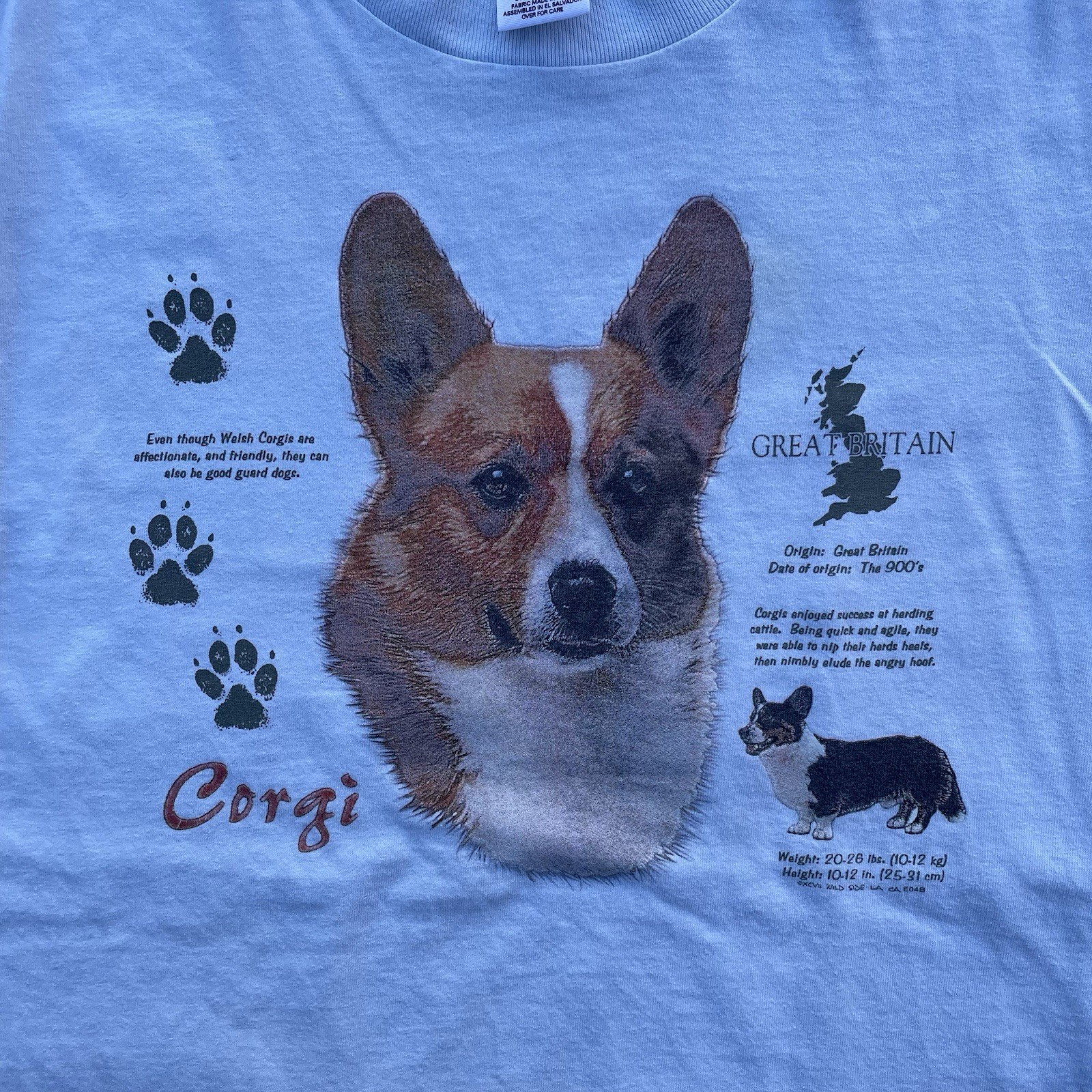 Vintage 90s RARE Corgi Great Britain Animal Dog Breed Shirt Size M Sky Blue Tee gallery