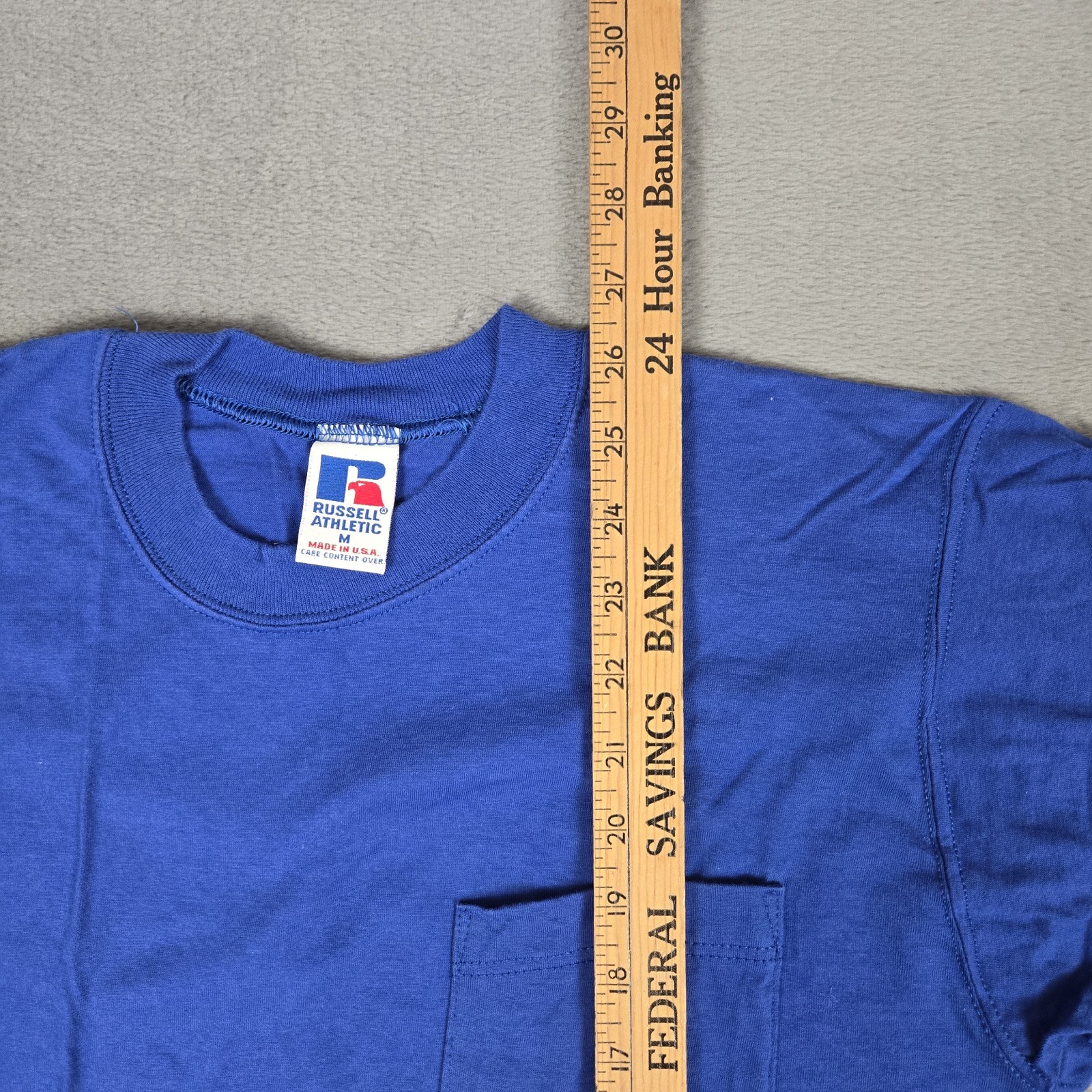 Russell Athletic High Cotton T-Shirt Mens Mediun Blue Solid Pocket USA Made Vtg gallery