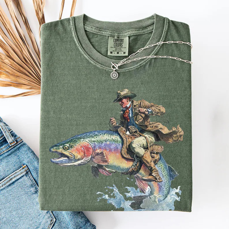 Cowboy Riding Rainbow Trout Fishing Comfort Tee gallery