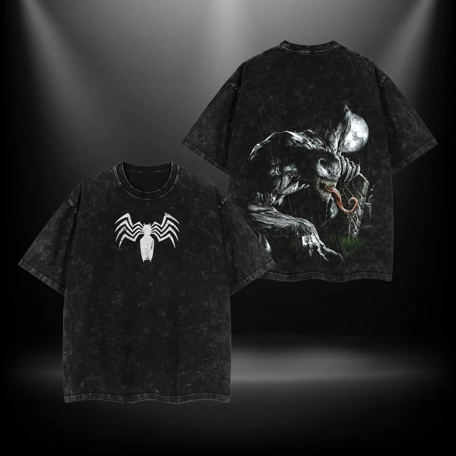 Retro Symbiote White Spider Chest Symbol & Night Moon Background Fanged Tongue