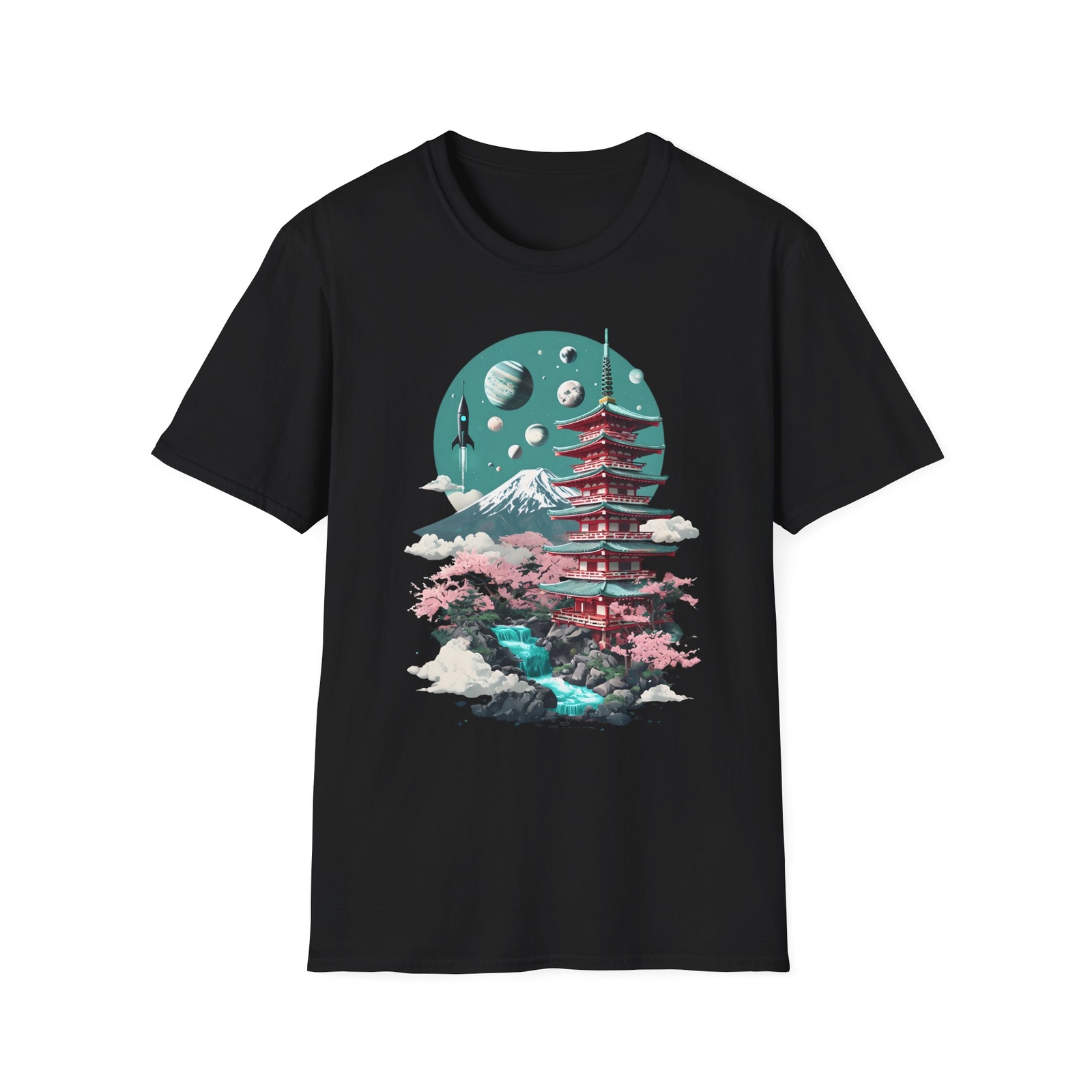 Japanese Pagoda w/ Waterfall & Planets Unisex T-Shirt, Outdoor Tee for Him & Her gallery