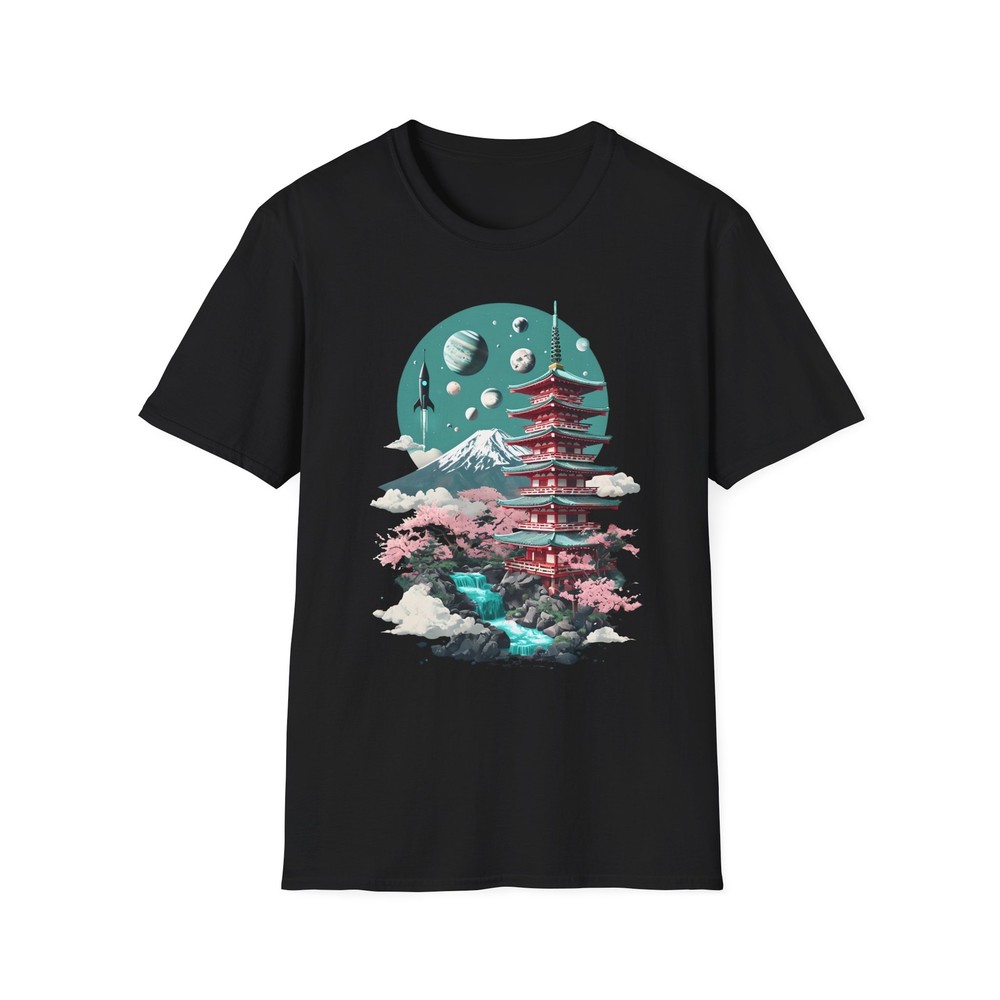 Japanese Pagoda w/ Waterfall & Planets Unisex T-Shirt, Outdoor Tee for Him & Her