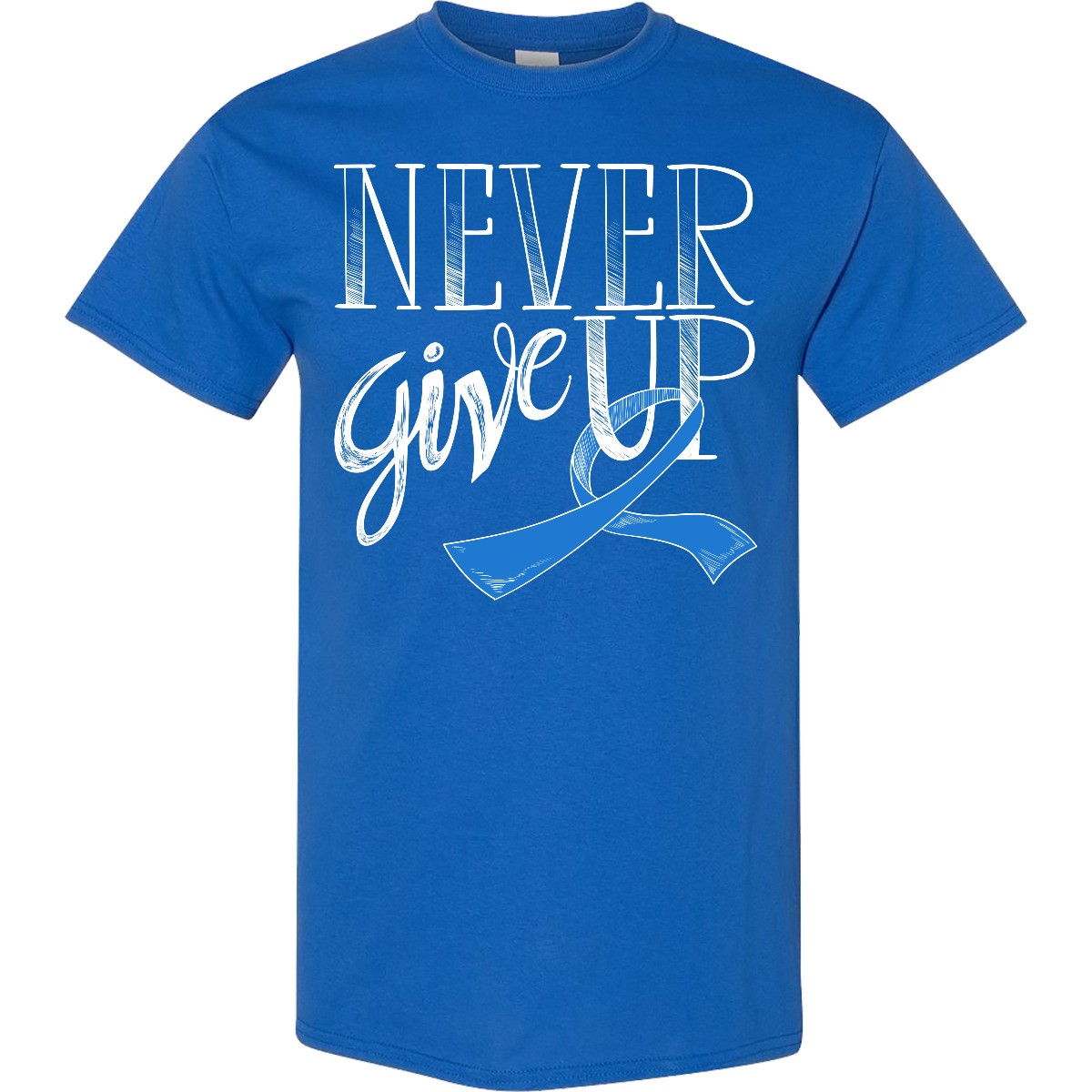 Inktastic Never Give Up- Colon Cancer Survivor With Blue Ribbon T-Shirt Fighter