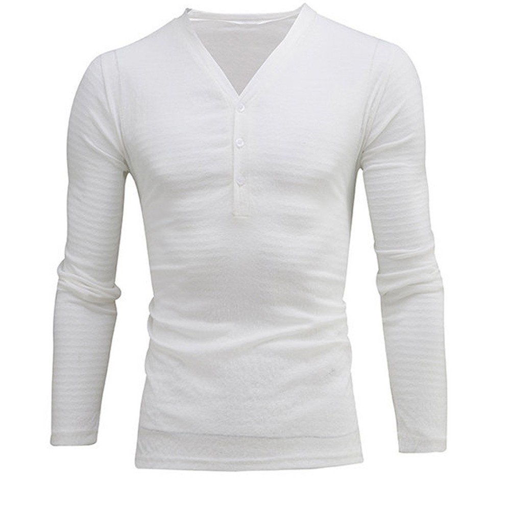 Mens Solid Long Sleeve T shirt with Deep V Neck and Button Front Blouse gallery