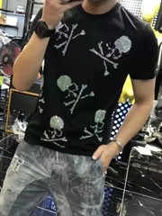 New Men Luxury Rhinestones Gothic Fashion Skull Black White T-Shirt High Quality