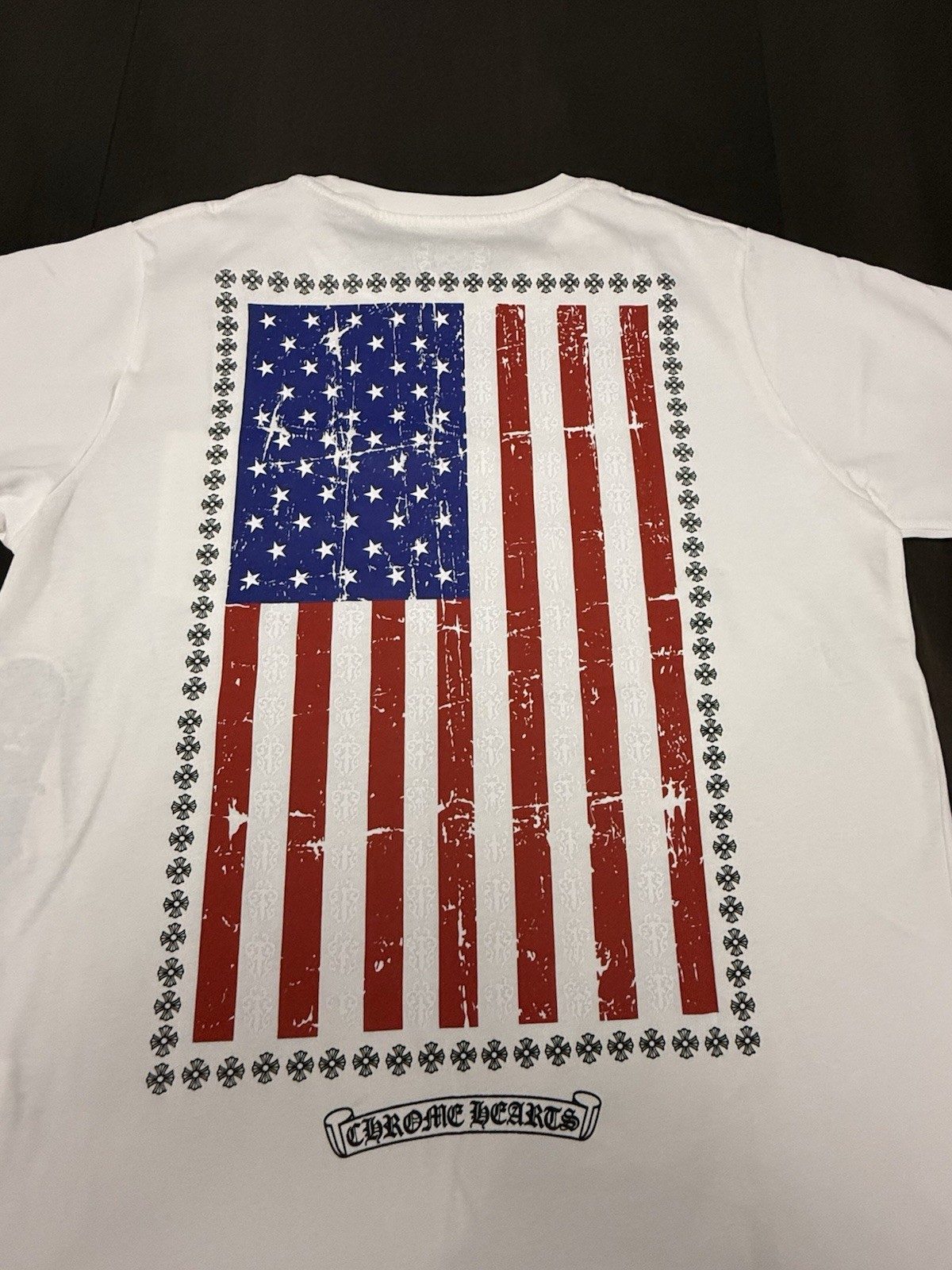 Chrome Hearts White Tee with Distressed Red & Blue Flag gallery