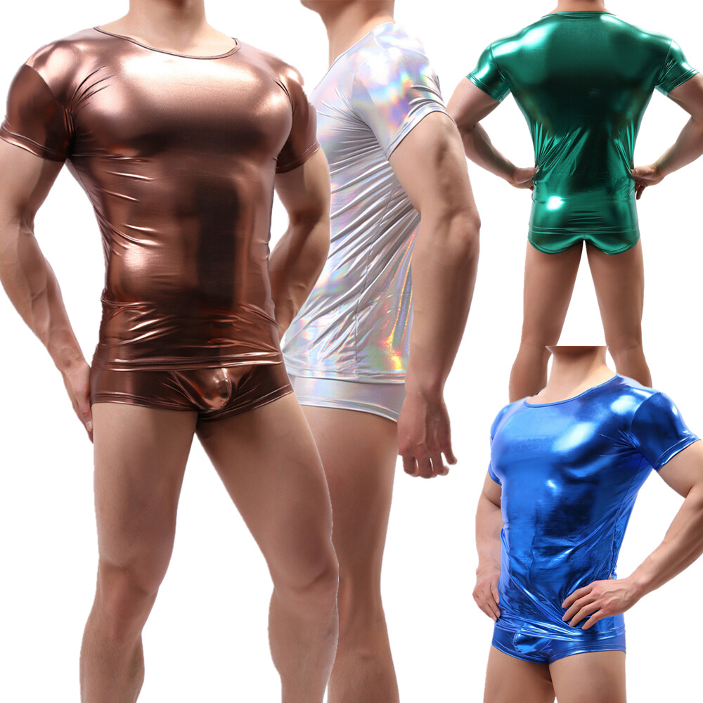 Mens Undershirts Shiny PU Leather Wet Look Short Sleeve Shirts Boxer Shorts Suit gallery