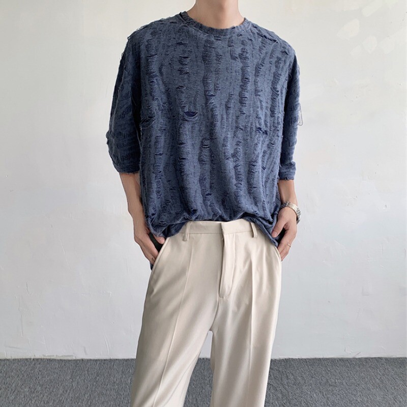 Men Retro Thin Short Sleeve Shirt Ripped Hollow Blouse American Style Tops Soft gallery