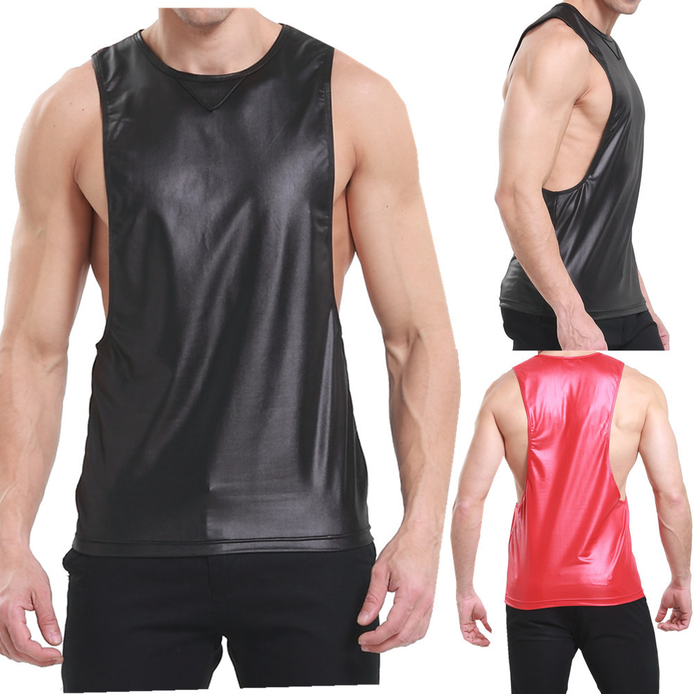Mens Faux Leather Tank Top Vest T-Shirts Wet Look Sleeveless Tops Shirt Clubwear gallery