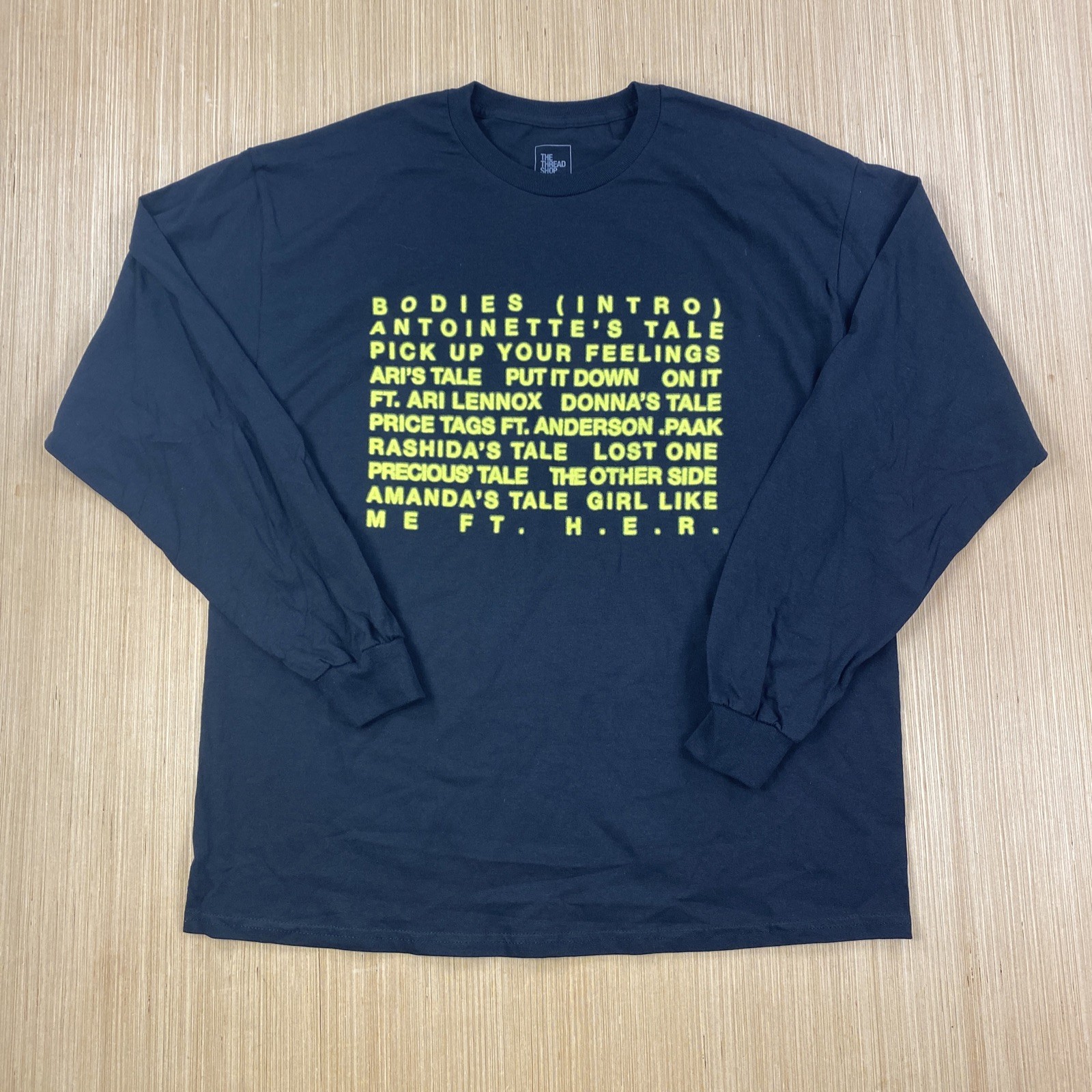 the thread shop shirt mens xl black long sleeve graphic tee spell out text