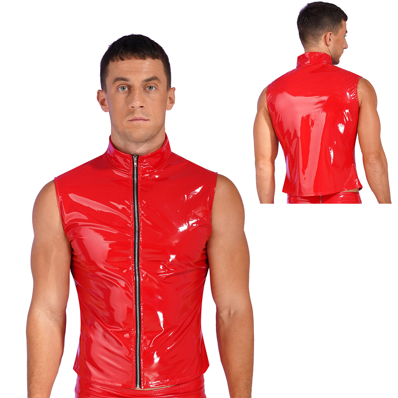 US Mens Wet Look Zipper Sleeveless Waistcoat T-Shirt Moto Biker Punk Tops Shorts gallery