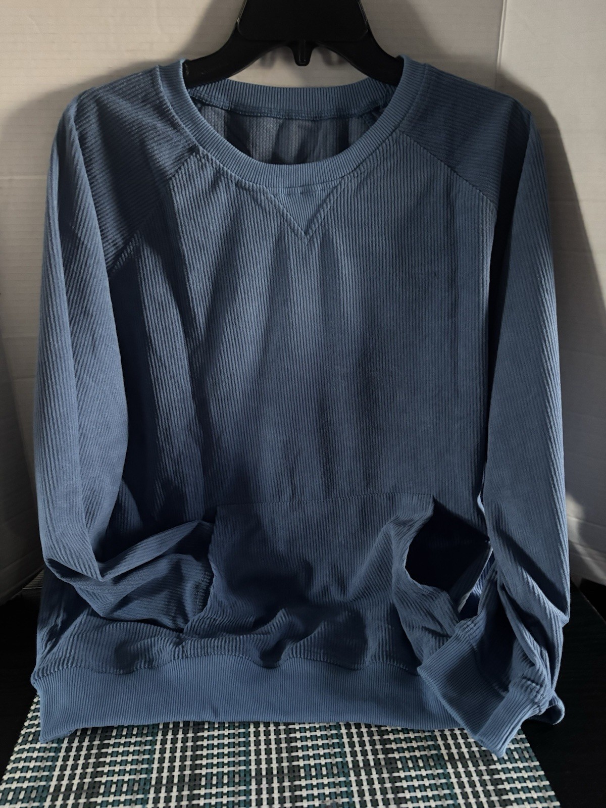 Mens Unbranded Blue Ribbed Long Sleeve Henley Shirt W/Kangaroo Pocket Size Small gallery