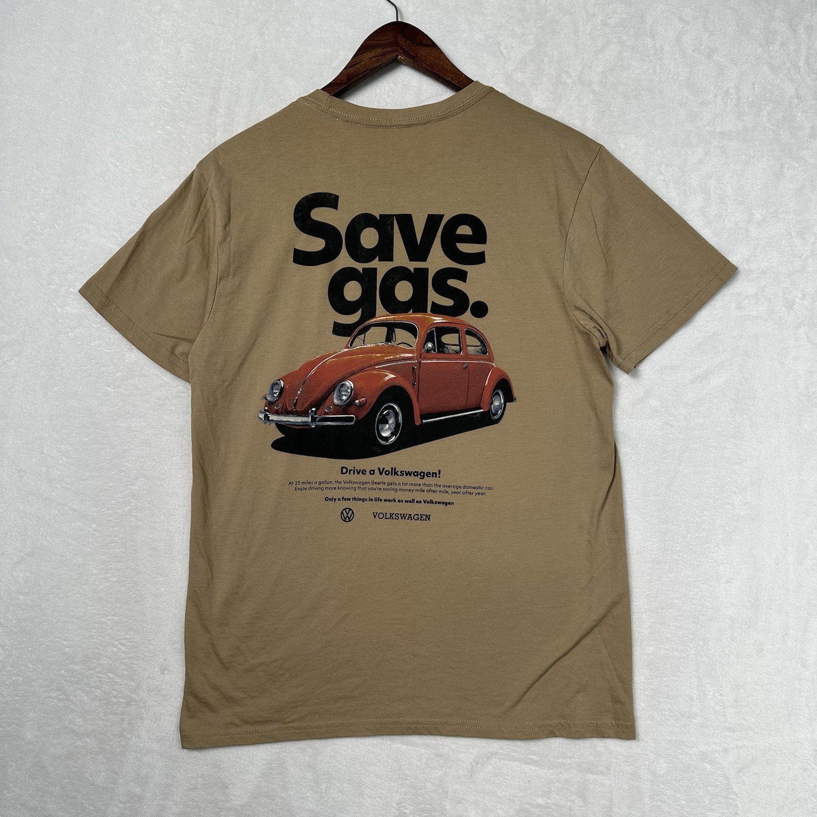 Volkswagen Save Gas Drive a VW Beetle Graphic T-Shirt Tan Mens Medium