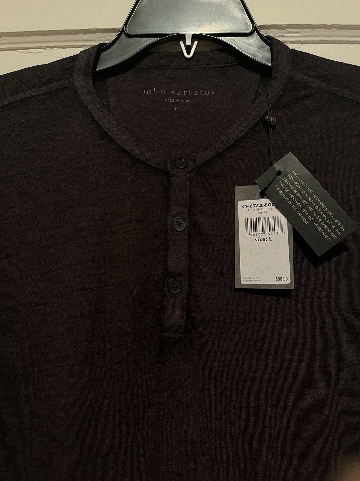 John Varvatos USA Men Charcoal Grey Heather Short Sleeve Duke Henley - NWT gallery