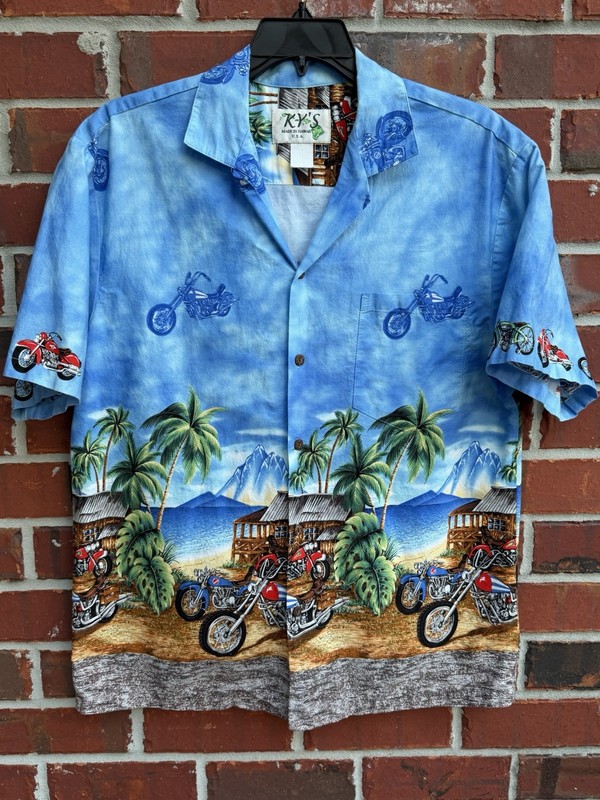 Vintage Ky’s Sz L Blue Tropical Motorcycle Print Short Sleeve Hawaiian Shirt F2