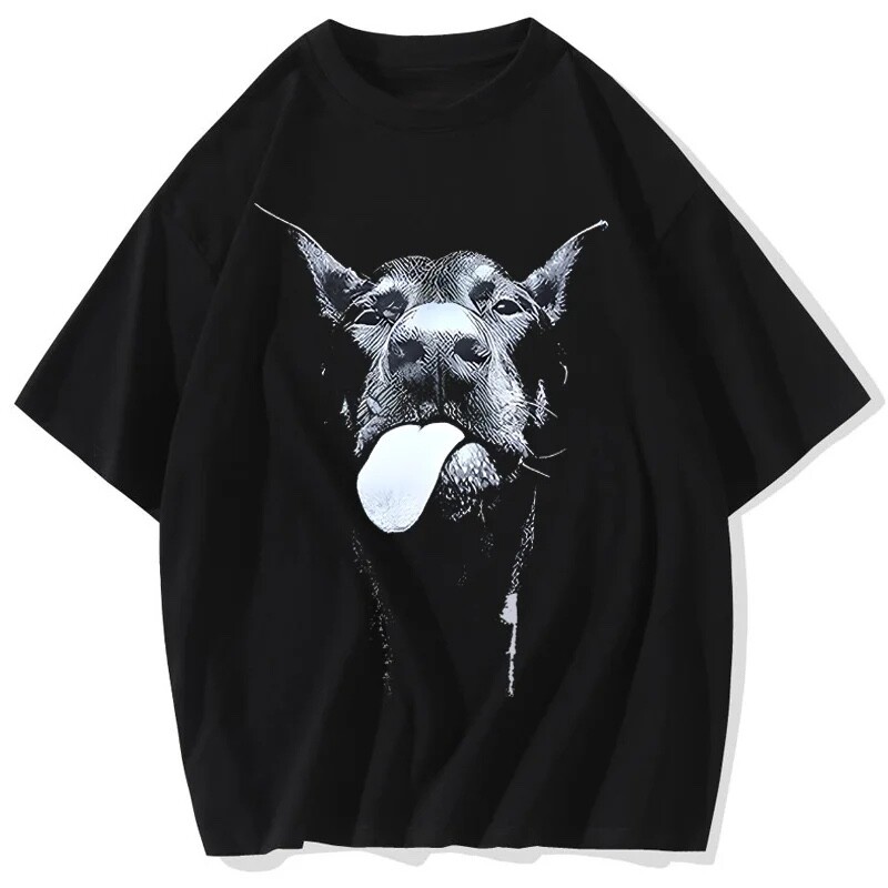 Relaxed Fit Cotton T-Shirt With Doberman Dog Pirnted Streetwear Unisex Tee gallery