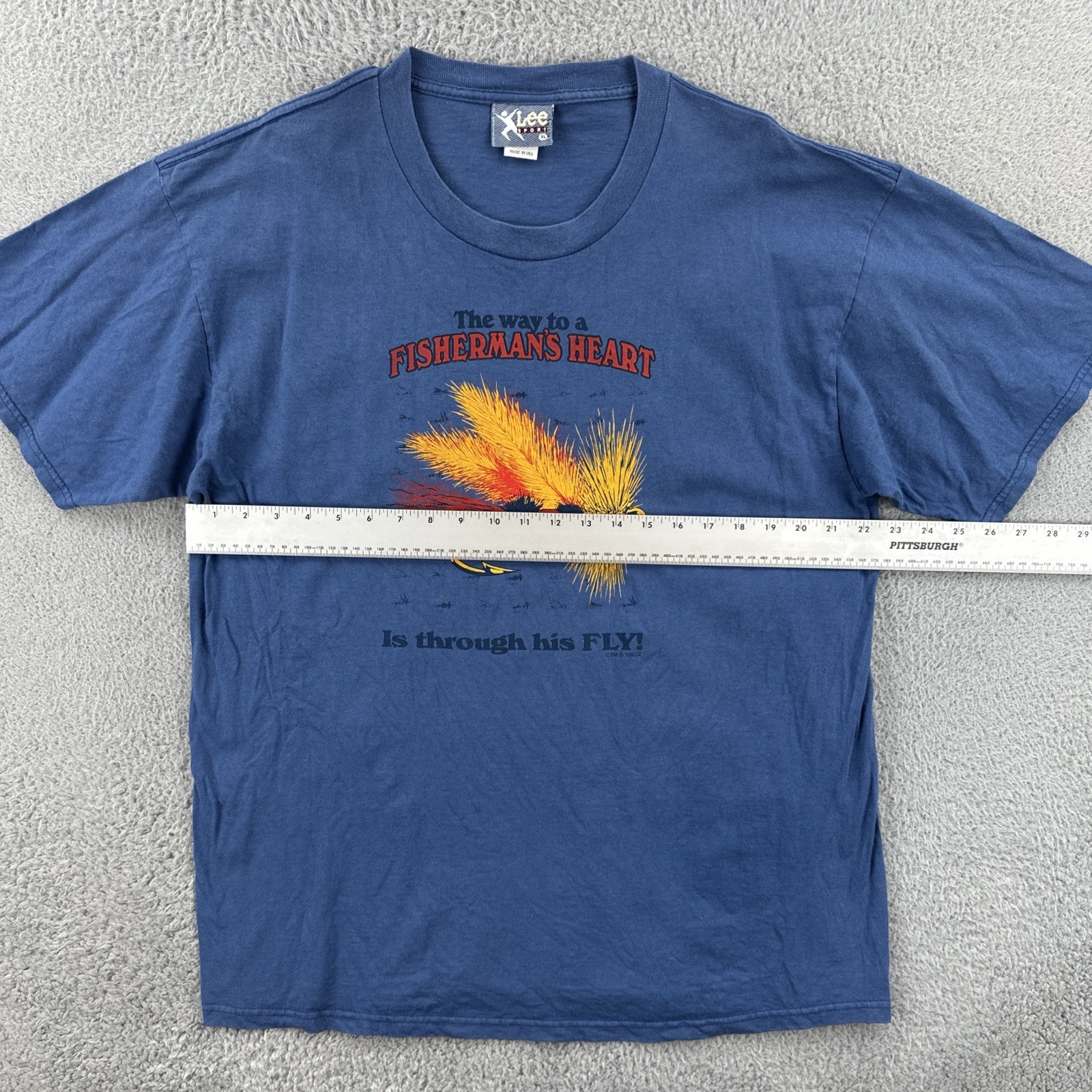 Vintage Lee Sport 90s XL Blue T Shirt Made In USA Fisherman’s Heart Through Fly gallery