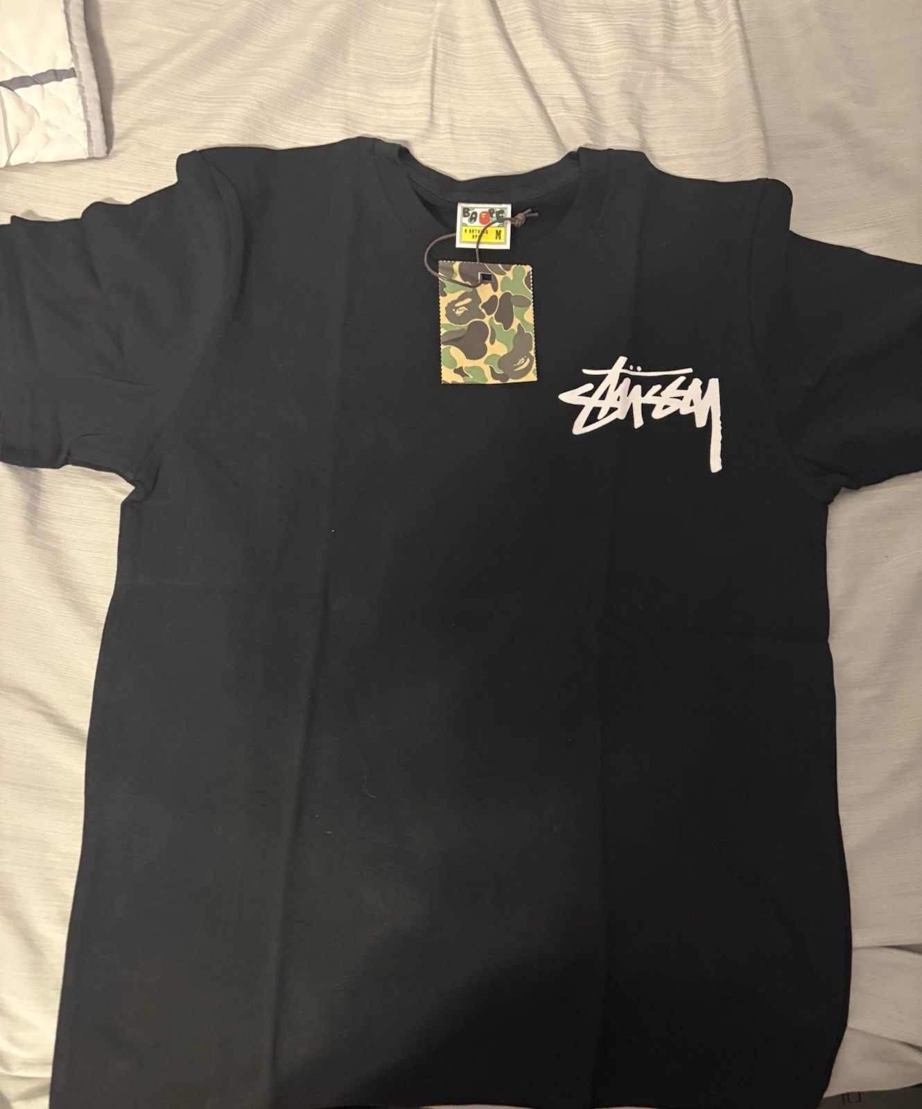 A Bathing Ape BAPE x Stussy Black Graphic Logo Crew Neck Tee Men’s M gallery