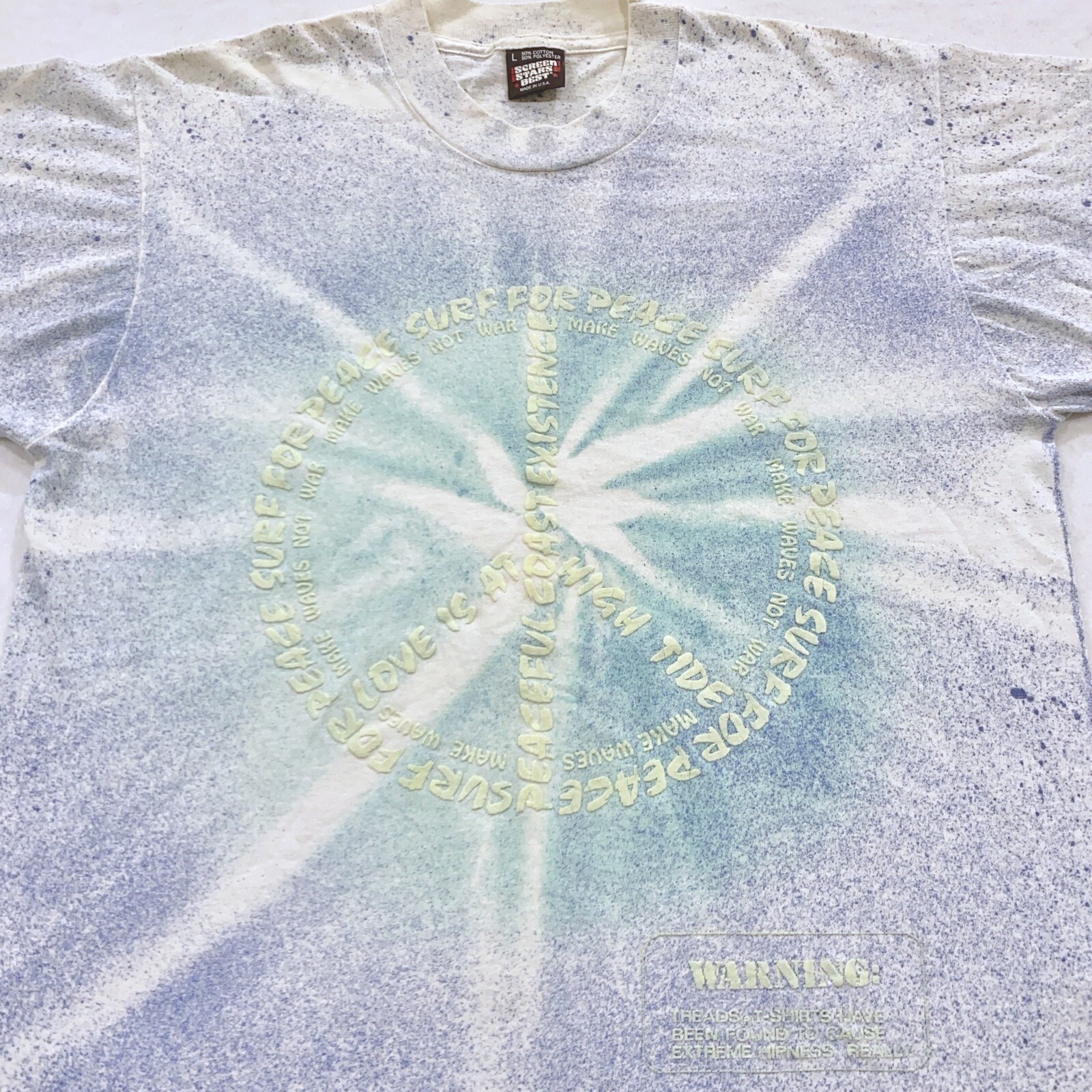 vtg 90s SURF FOR PEACE MAKE WAVES, NOT WAR T-Shirt M beach threads symbol sign