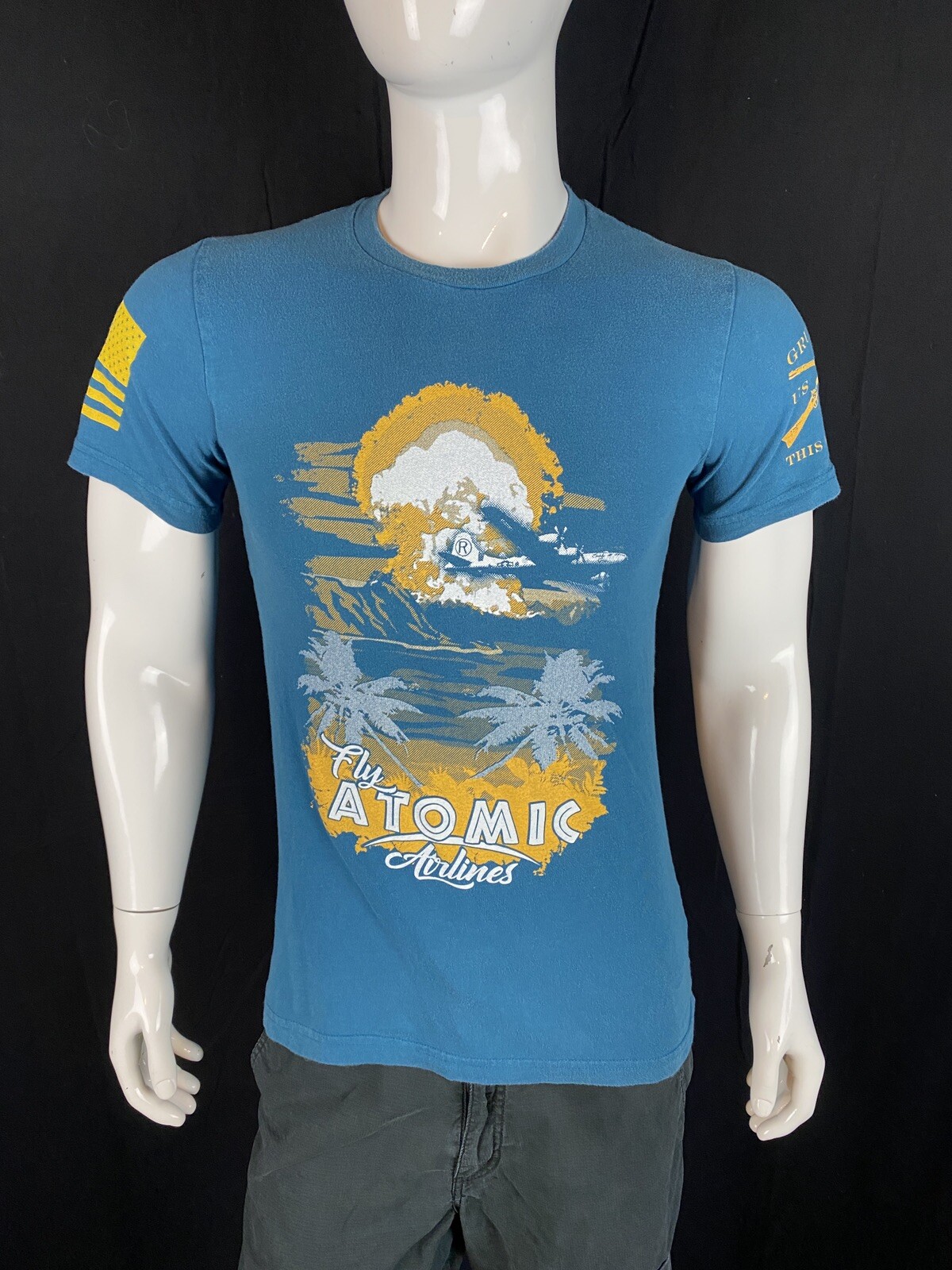 Grunt Style "Fly Atomic Airlines" Blue Front Graphic T Shirt, Men's Size Small gallery
