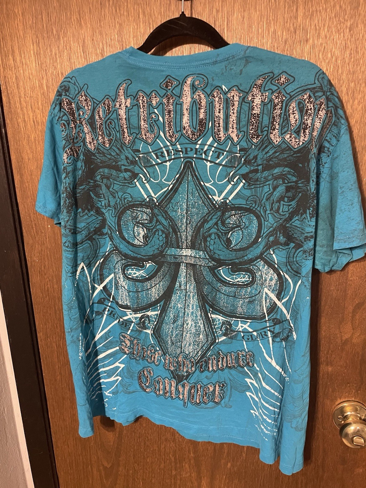 Retribution Men’s Large Y2K Graphic T-Shirt Eagle Snake Cross Biker Tattoo Blue gallery