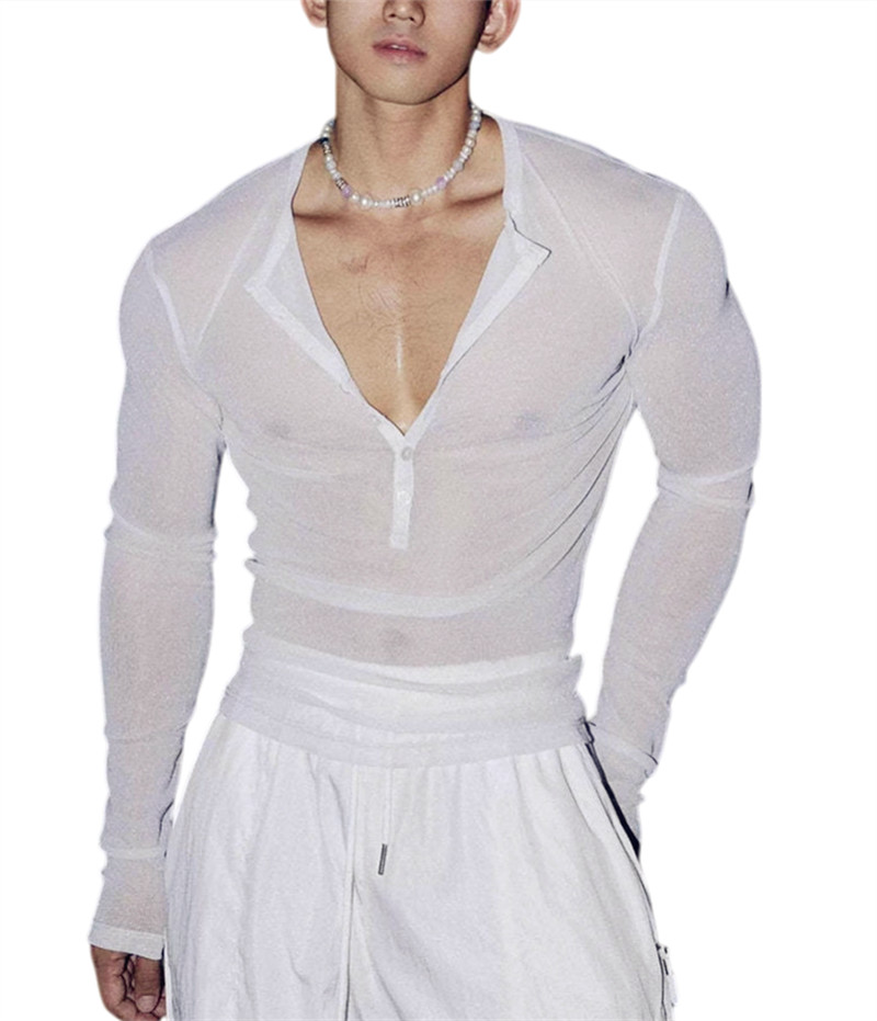 Mens Glitter Shirt Top See Through Lace T-Shirt Sheer Mesh Undershirts gallery