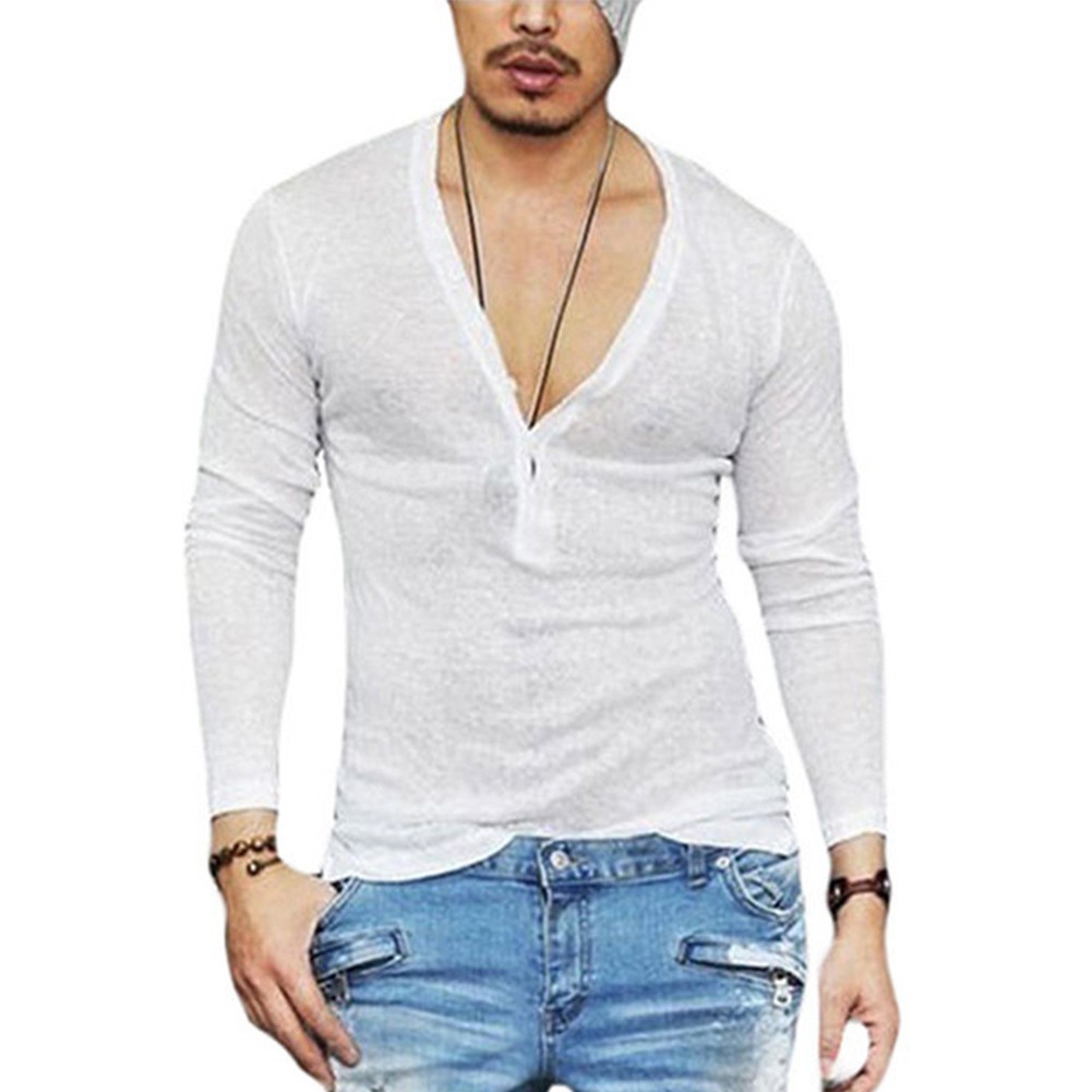 Mens Solid Long Sleeve T shirt with Deep V Neck and Button Front Blouse gallery